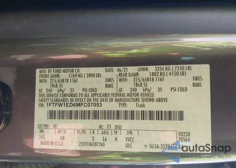 2021 Ford F-150 Lariat z USA, uszkodzony, nr VIN 1FTFW1ED6MFC07053